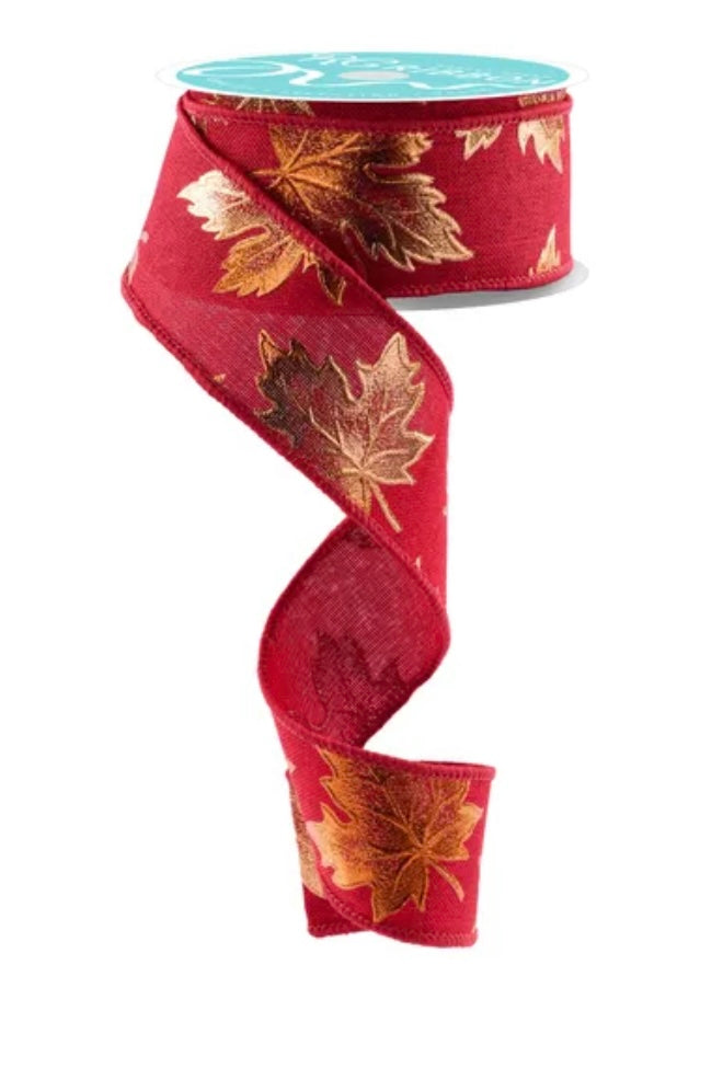 Wired Burgundy Background with Orange Foil Fall Leaves Ribbon-1.5”x10 Yards