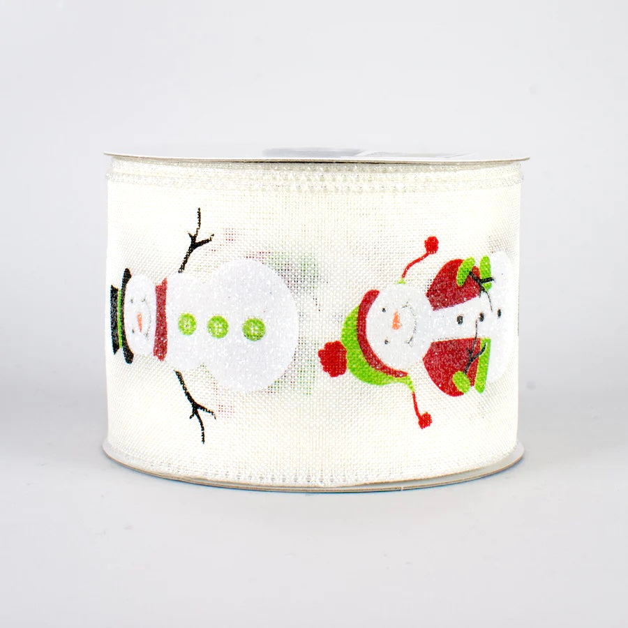 10 Yards - 2.5” Wired Ivory Background Glitter Accent Snowman Ribbon
