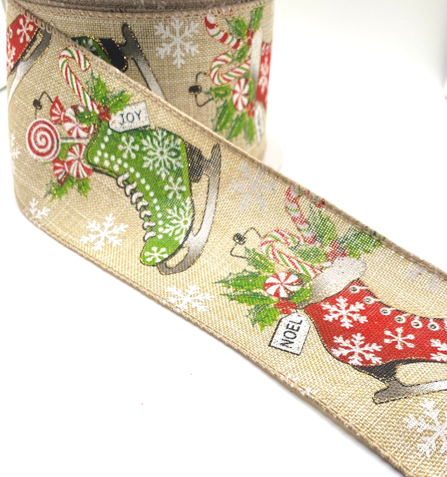 10 Yards - 2.5” Wired Natural Linen Ice Skates and Snowflakes Ribbon