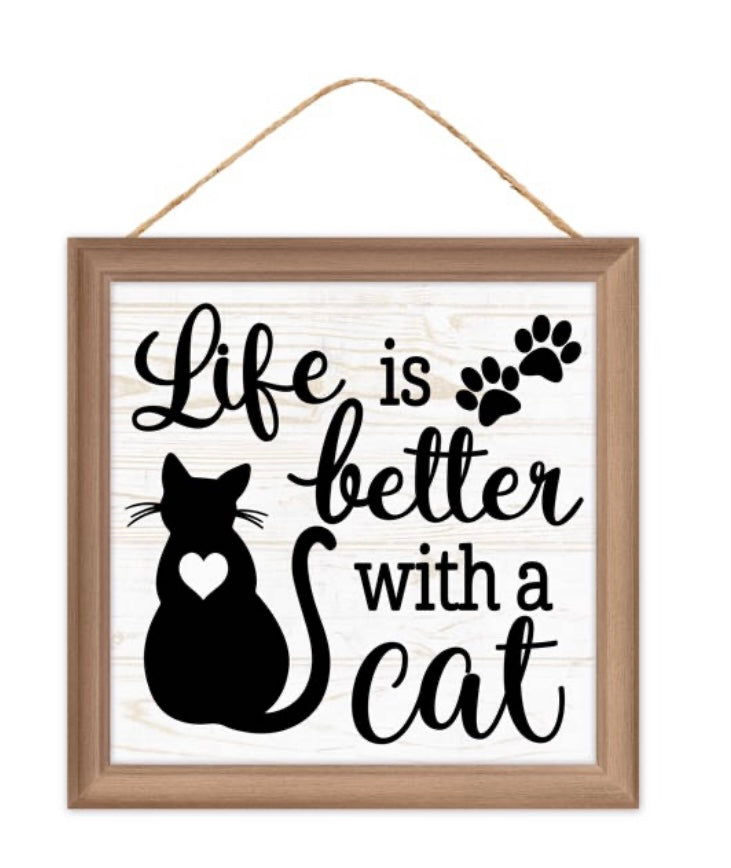 10” Square God Is Life Is Better With a Cat Wreath Sign