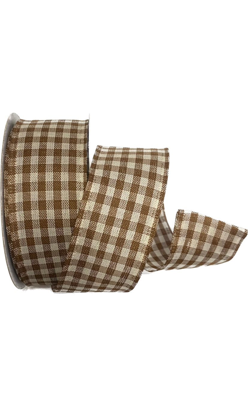 Wired Brown and White Gingham Check Ribbon-1.5”x10 Yards
