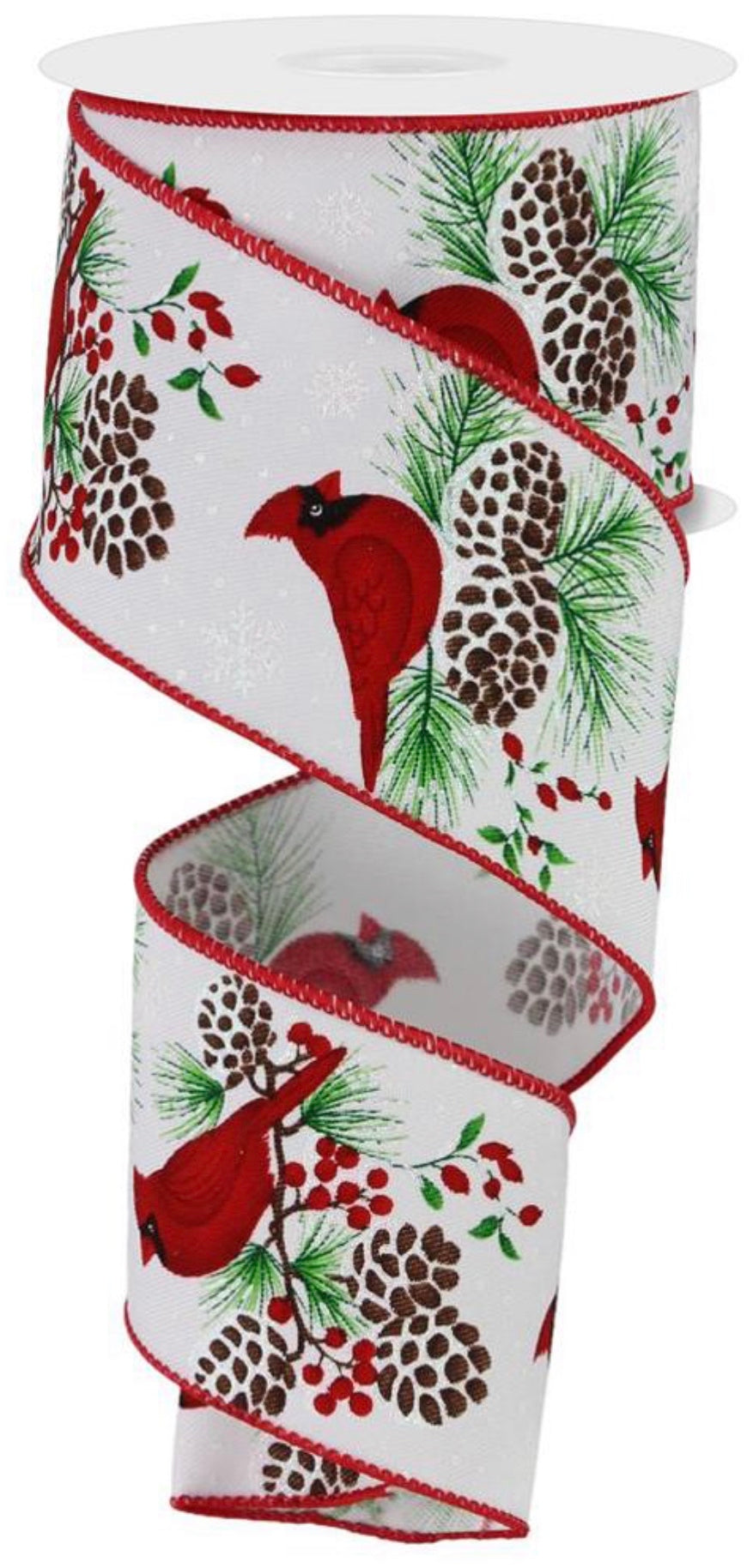 10 Yards - 2.5” Wired Holly Berry Cardinal Glitter Ribbon with Glitter Accent
