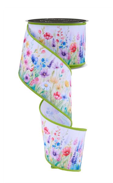 10 Yards - 2.5” Wired Spring Flowers on White Background Ribbon