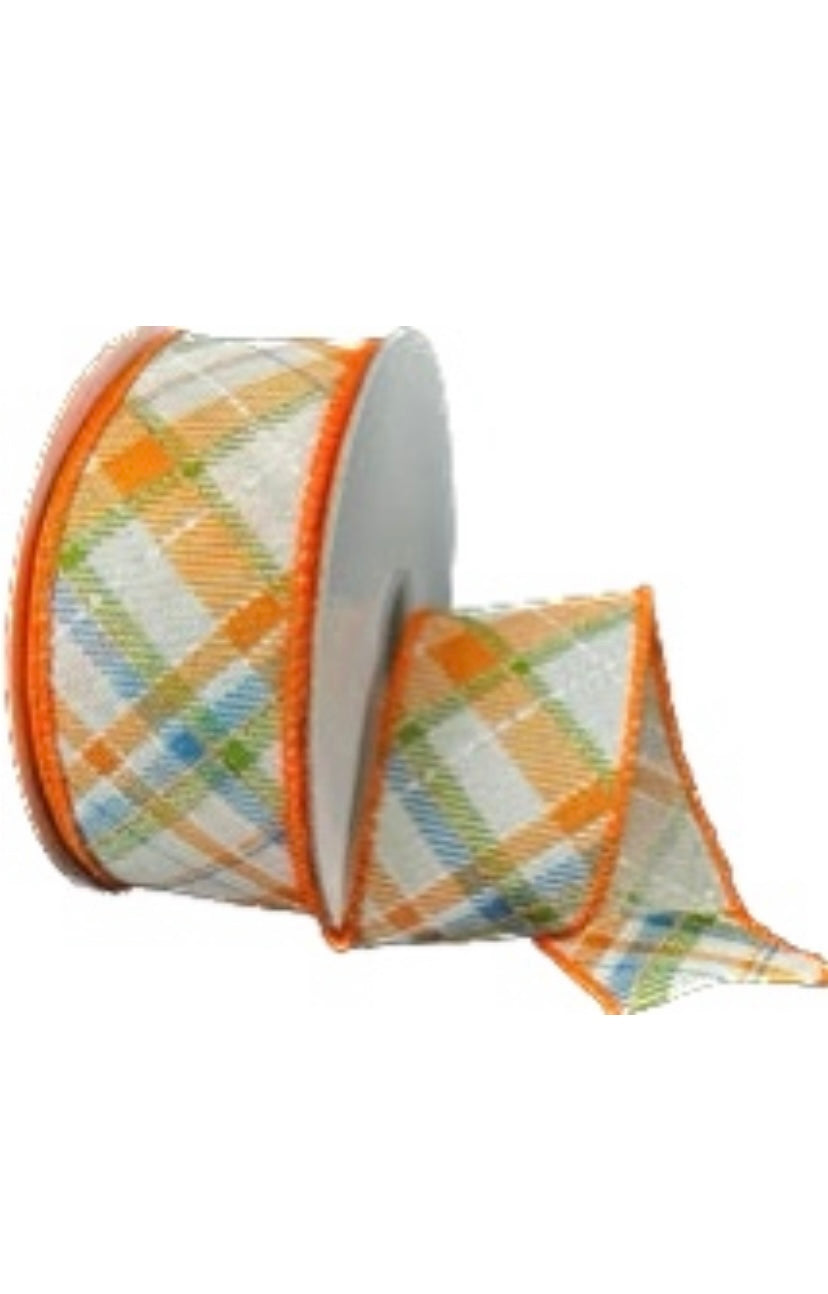 Wired Orange, Green, and Cream Diagonal Cross Printed Plaid Ribbon-1.5”x10 Yards