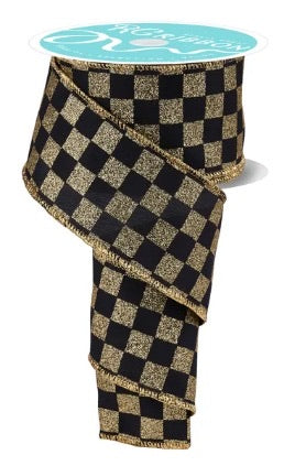 Wired Black and Gold Print Glitter Check Ribbon- 2.5”x10 Yards
