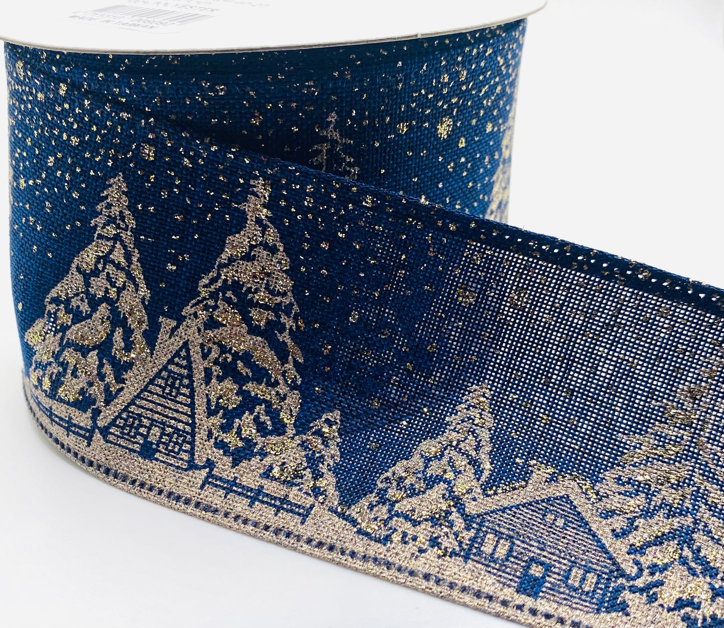10 Yards - 2.5” Wired Navy Satin Gold Cabins and Trees Glitter Snow Ribbon
