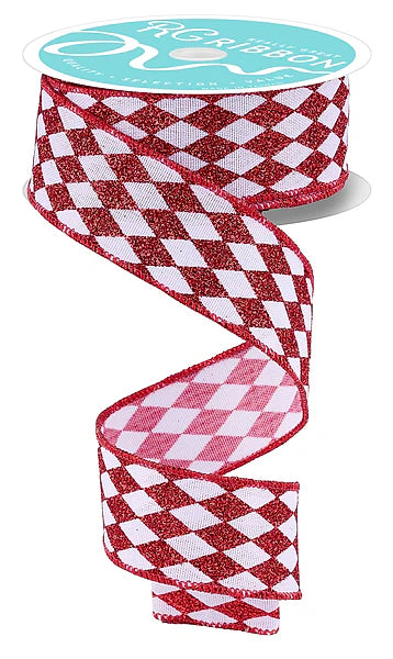 Wired Red and White Harlequin Ribbon- 1.5”x10 Yards