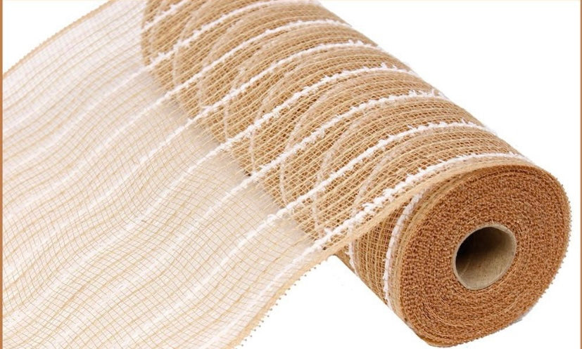10.5 inch x 10 Yards Natural with White Stripe Drift Poly Jute Mesh