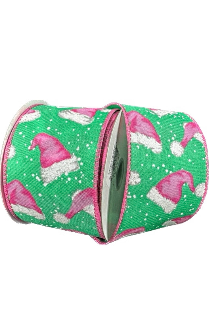 Wired Pink Santa Hats on Green Backrest Ribbon- 2.5”x10 Yards