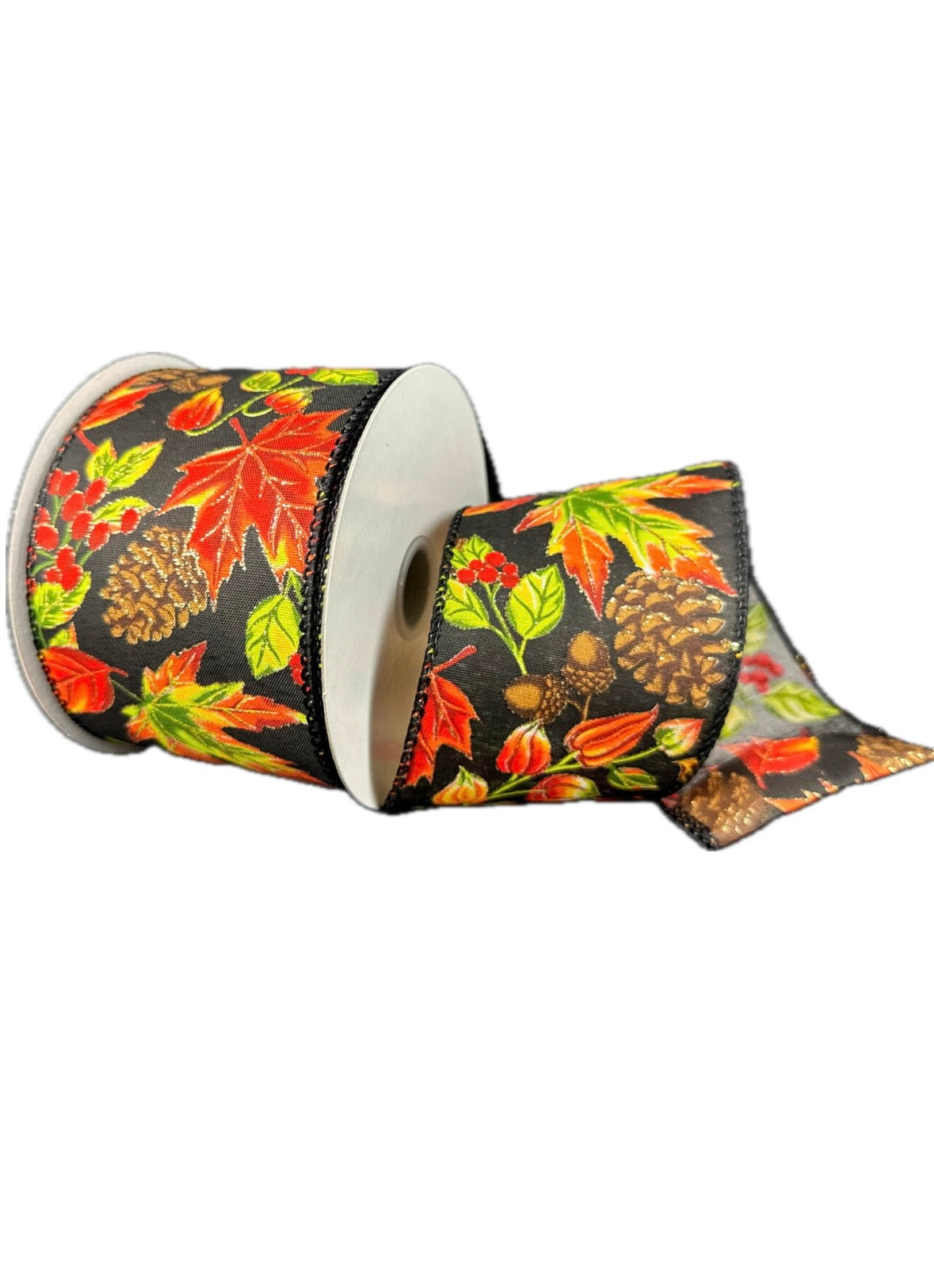 Wired Leaves and Acorns Ribbon- 2.5” x 10 Yards