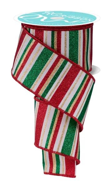 Wired Red, Green, Gold and White Horizontal Stripe Glitter Accent Ribbon- 2.5”x10 Yards