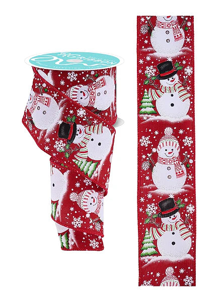 Wired Winter Snowmen on Red Ribbon-2.5”x10 Yards