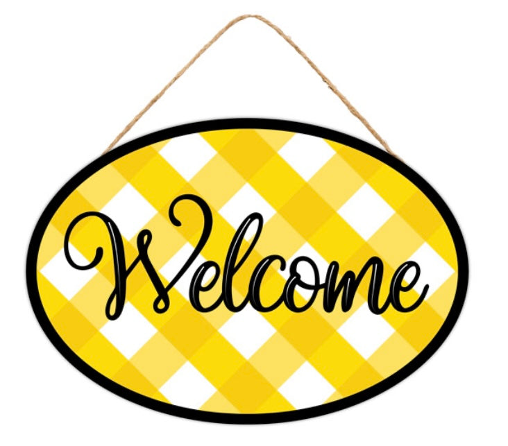15”x10.35” Oval Yellow and White Plaid Wreath Sign