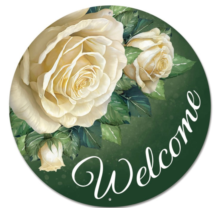 12" Round Metal Floral Welcome Wreath Sign