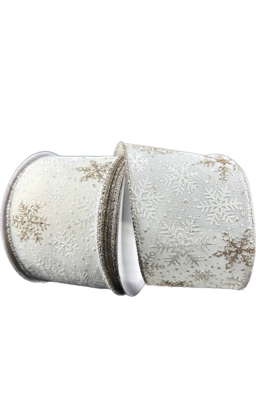 Wired Cream Linen Champagne Glitter Snowflake Ribbon-2.5”x10 Yards