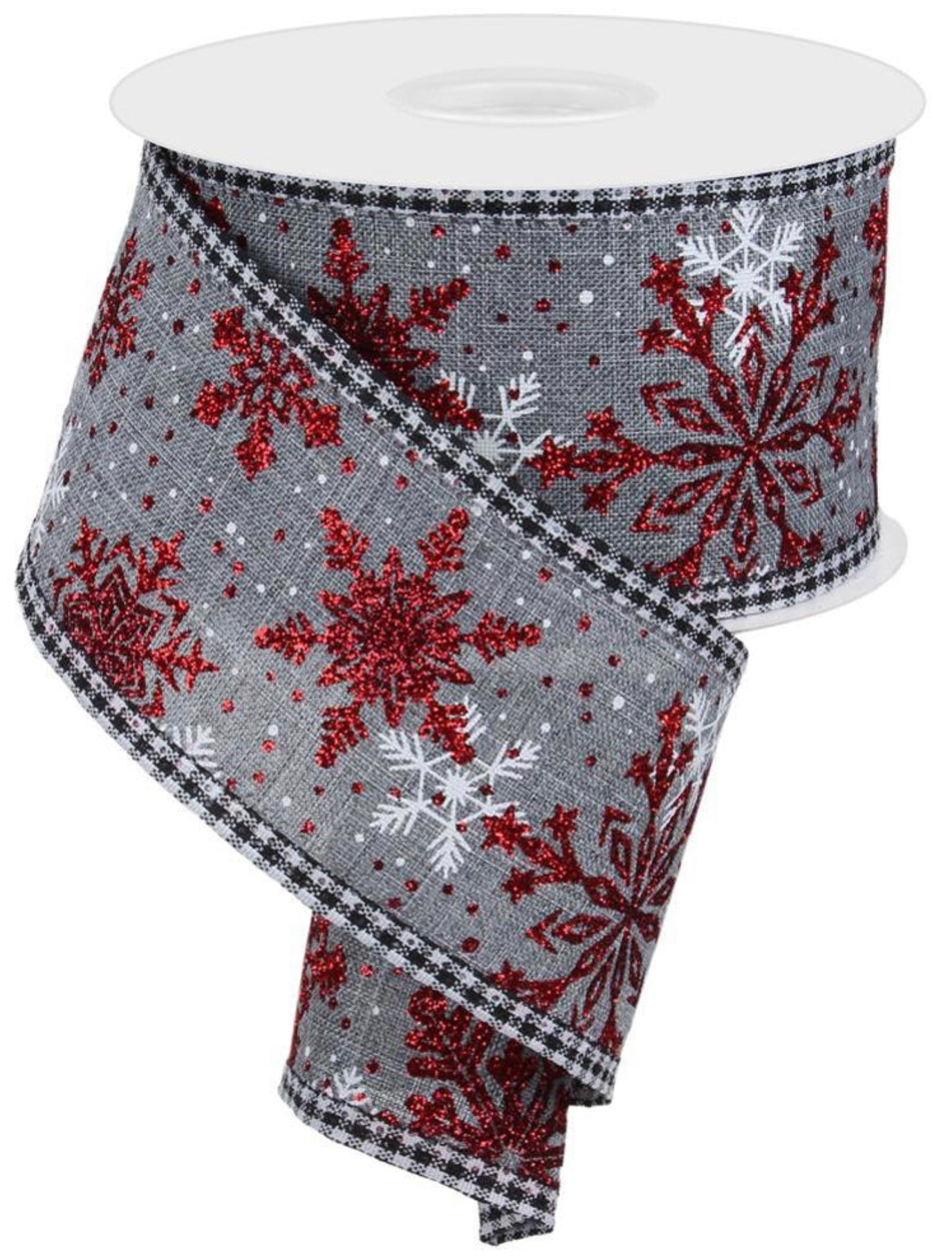 10 Yards - 2.5” Wired Gray Background with Red and White Glitter Snowflake Ribbon with Black and White Check Edge