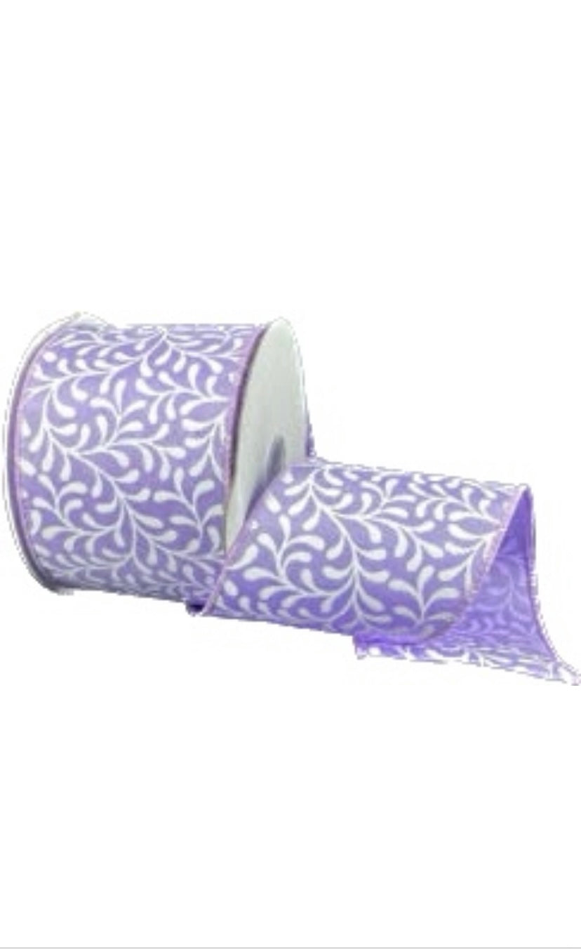 Wired Lavender Satin White Rounded Vines Ribbon- 2.5” x 10 Yards