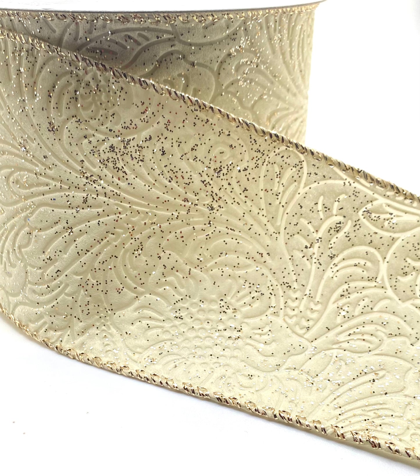 10 Yards - 2.5” Wired Ivory Champagne Glittered Floral Embossed Ribbon