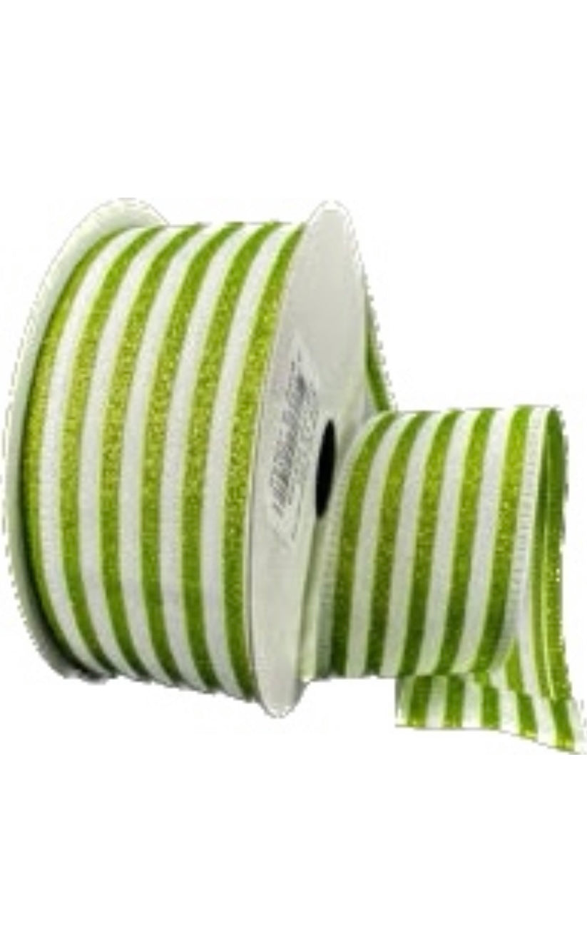 Wired White Ponche Lime Glitter Cabana Strip Ribbon-1.5”x10 Yards
