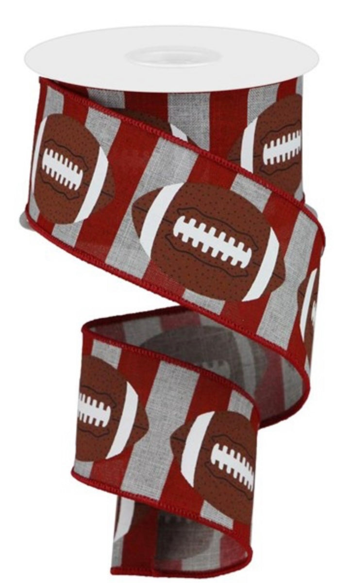 10 Yards - 2.5” Wired Red and Gray Stripe Football Ribbon