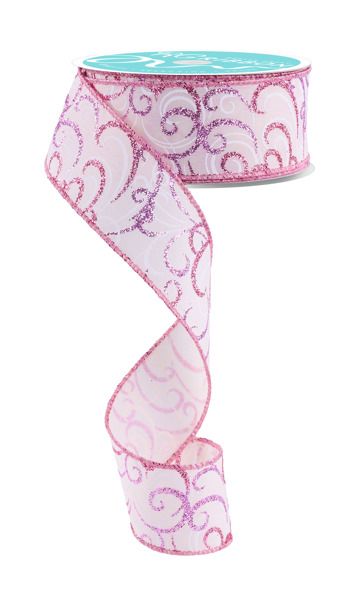 10 Yards - 1.5” Wired Cream, Pink, Lavender, and White Multi Swirl Glitter Ribbon