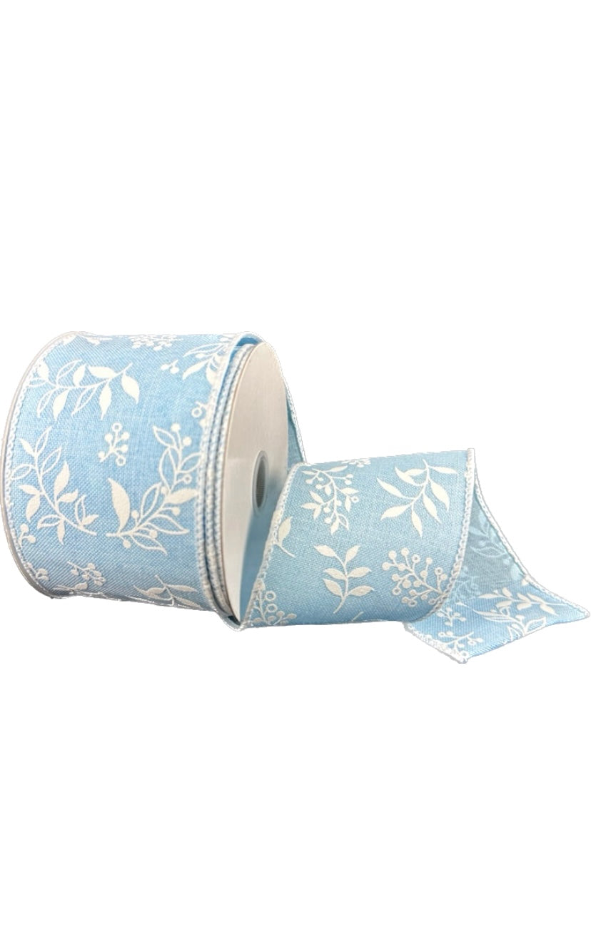 Wired Blue Linen White Foilage Ribbon-2.5”x10 Yards