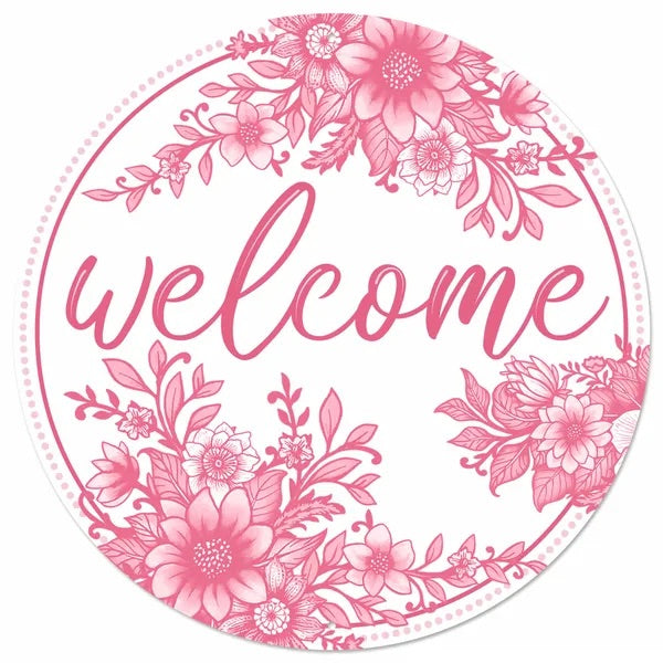 12” Round Pink and White Chinoiserie Wreath Sign