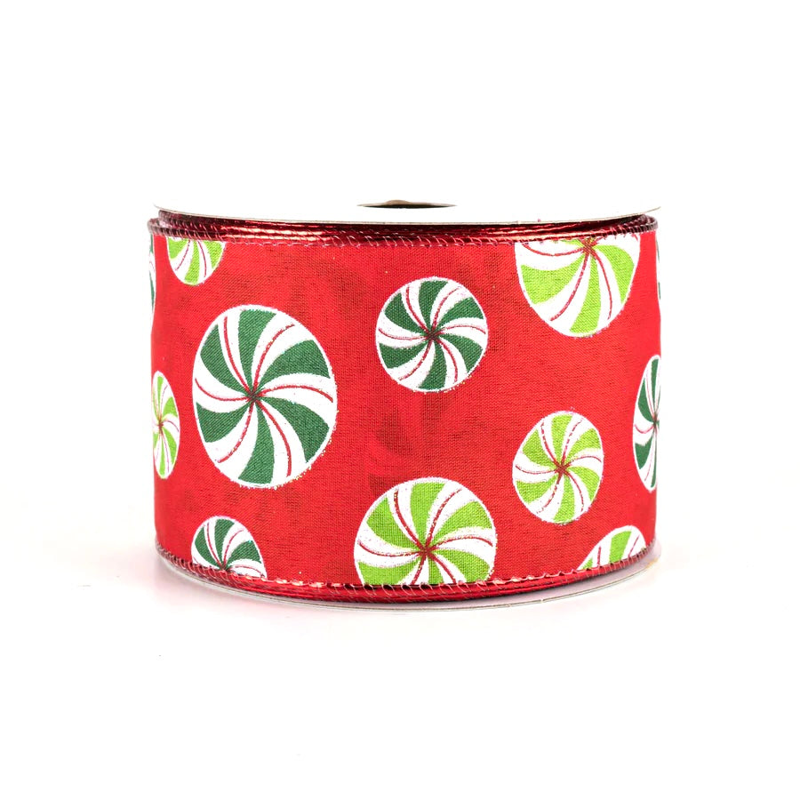 10 Yards - 2.5” Wired Peppermint Candy Cane Swirl Christmas Ribbon
