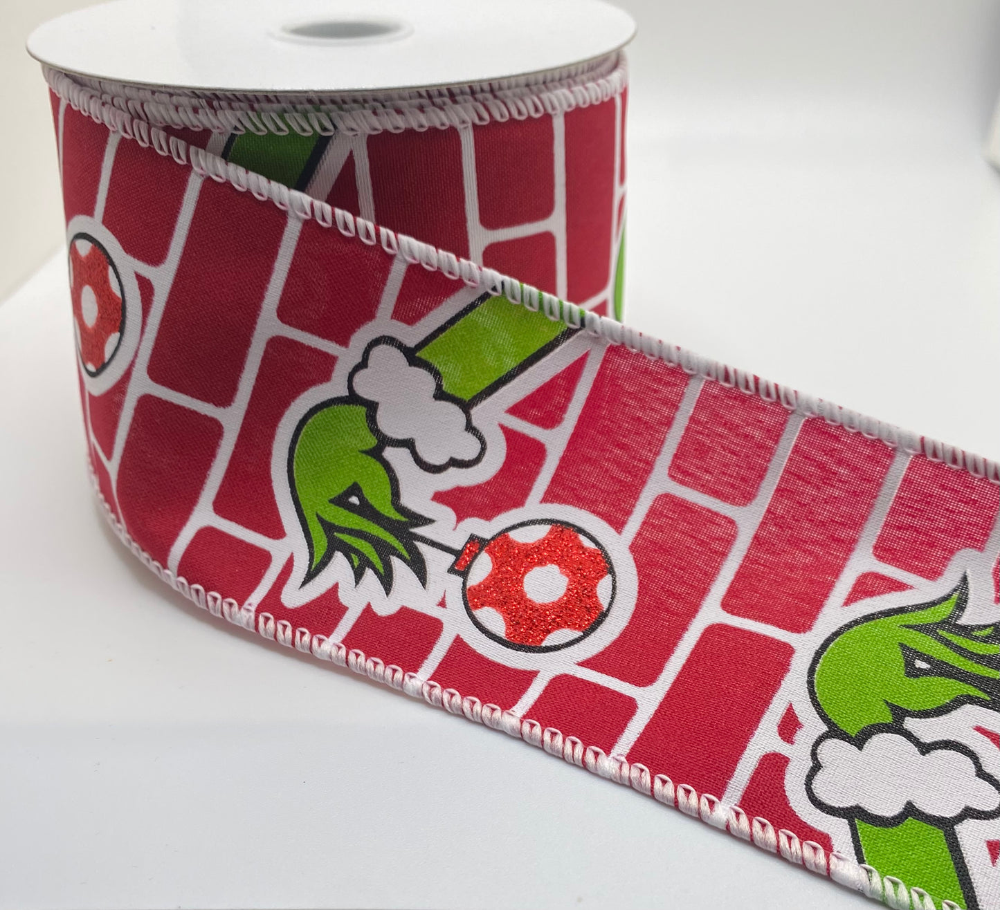 10 Yards - 2.5” Wired Red White Brick Satin Green Monster Hand Ribbon