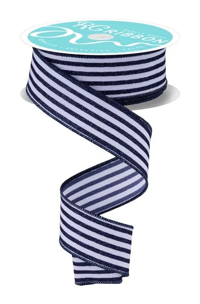 Wired Navy and White Vertical Stripes Ribbon- 1.5”x 10 Yards