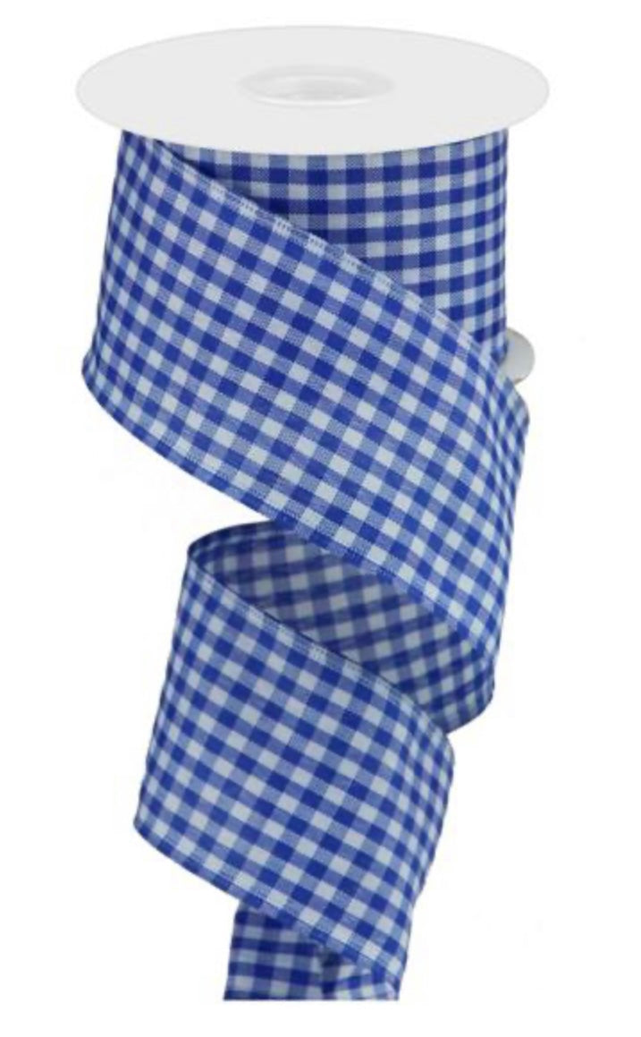 10 Yards - 2.5” Wired Royal Blue and White Gingham Check Ribbon