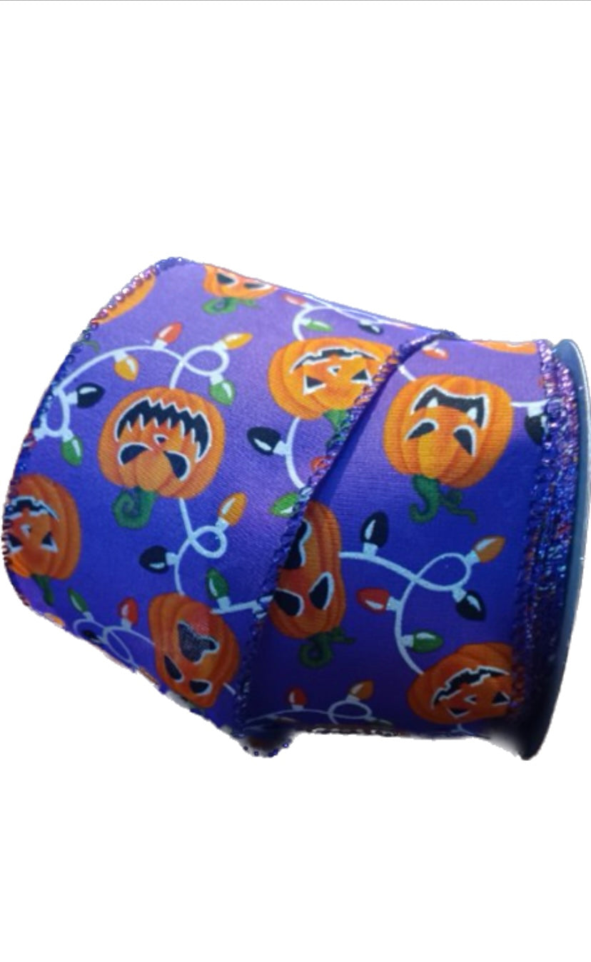 Wired Pumpkin Faces with Lights Ribbon-2.5”x10 Yards