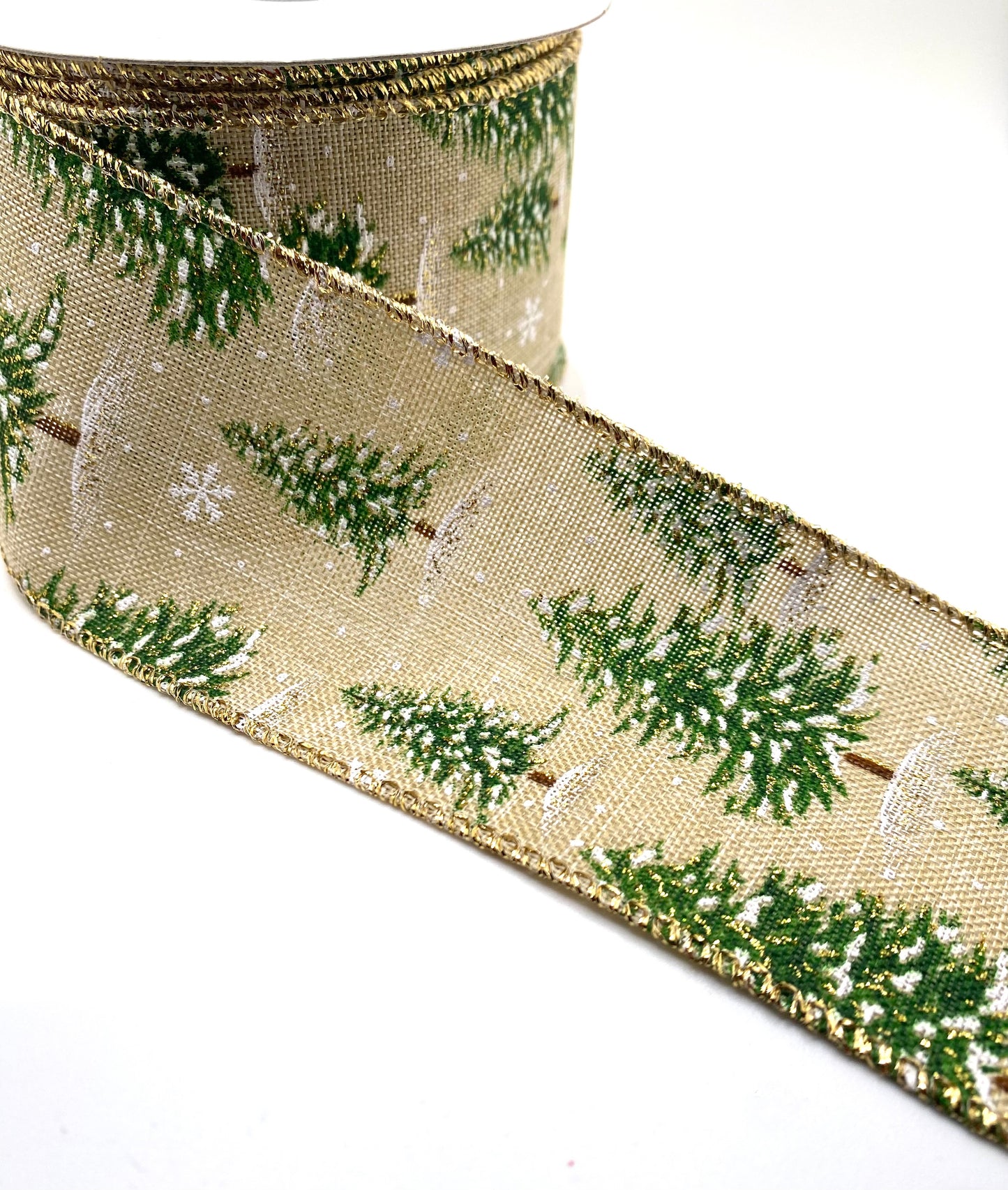 10 Yards - 2.5” Wired Natural Linen Trees in Snow and Snowflakes Ribbon