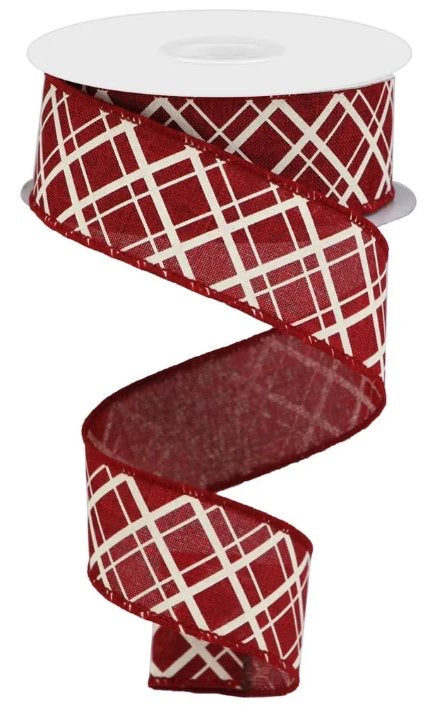 Wired Red and White Thick/Thin Diagonal Check Ribbon-1.5”x10 Yards