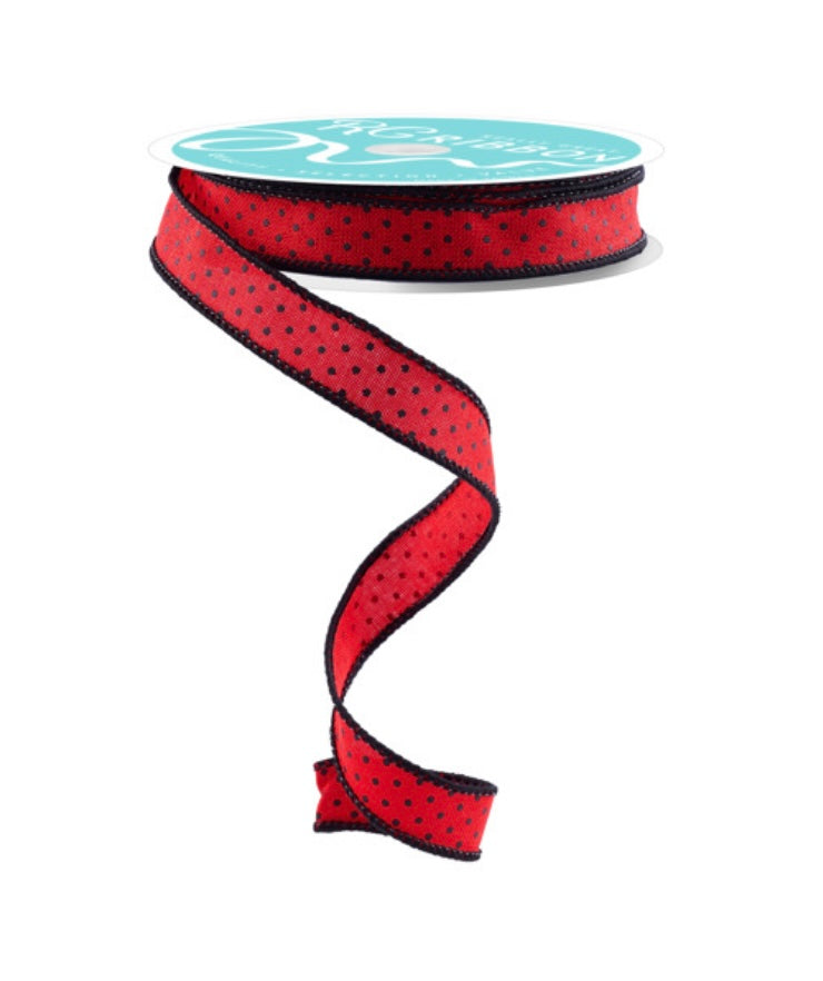 10 Yards- 5/8” Wired Red with Black Polka Dots Burlap Ribbon