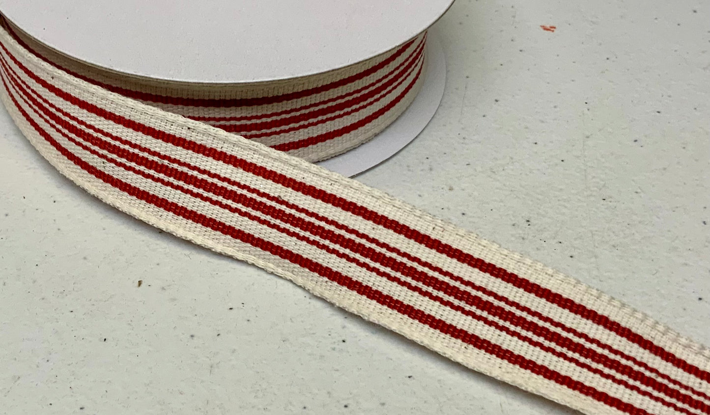Wired Ivory Red Woven French Stripes Ribbon- 7/8”x10 Yards