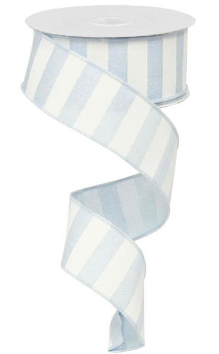 10 Yards - 1.5” Wired Light Blue and White Horizontal Stripe Ribbon