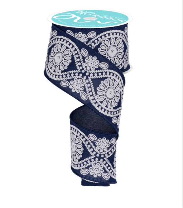 10 Yards - 2.5” Wired Navy Blue and White Deluxe Wavy Floral Ribbon