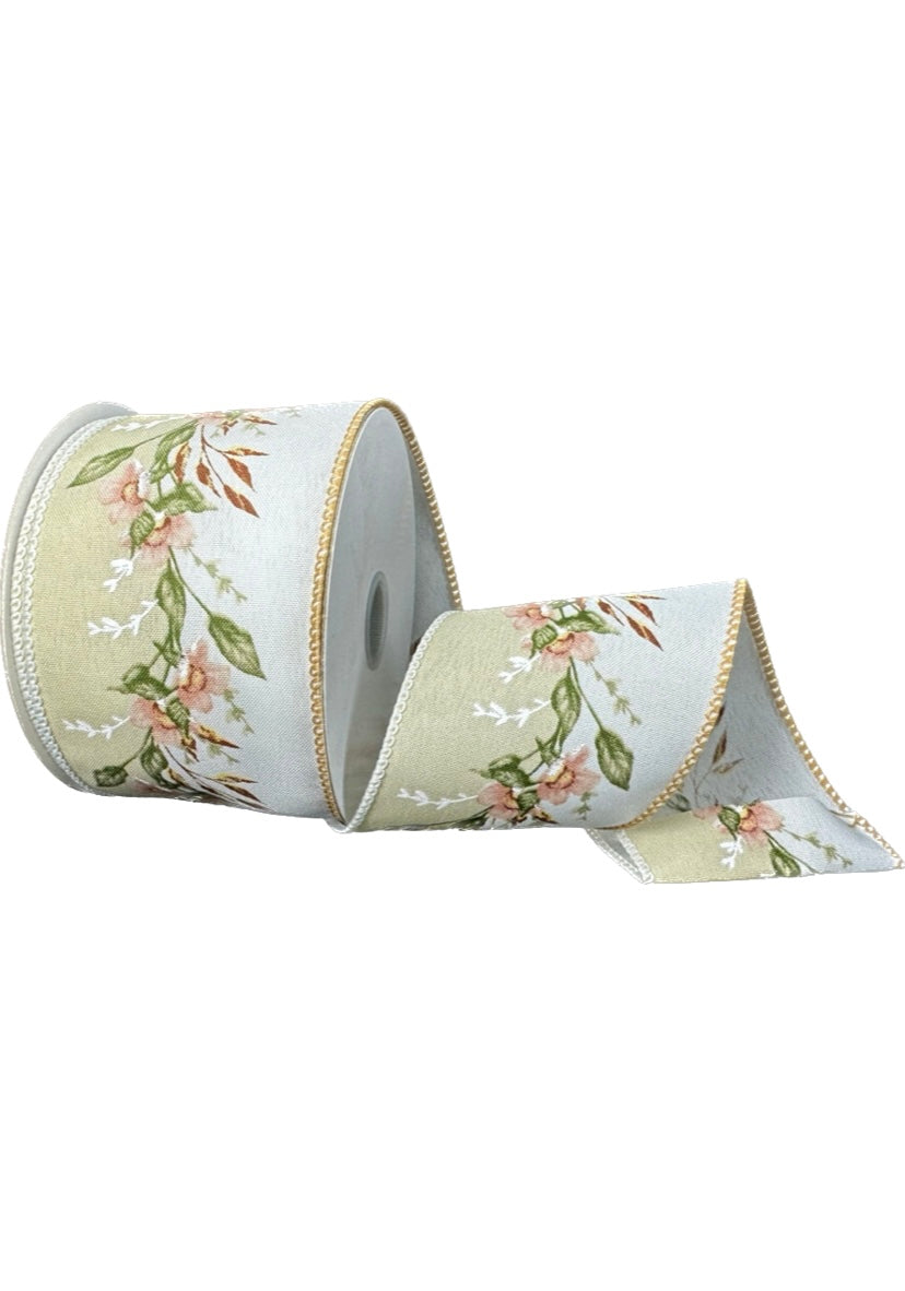 10 Yards - 2.5" Wired Tan and White Dual Flower Garland Ribbon