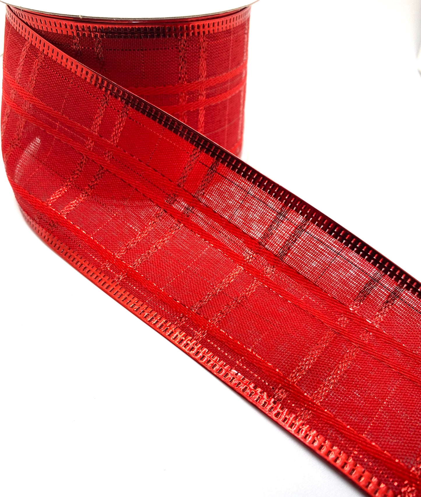 10 Yards - 2.5” Wired Red Linen Glitter Plaid Metallic Edge Ribbon