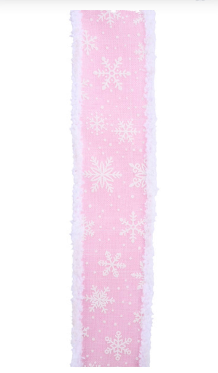 Wired Pink and White Winter Snowflake Ribbon with Snowdrift Edge- 1.5”x10 Yards