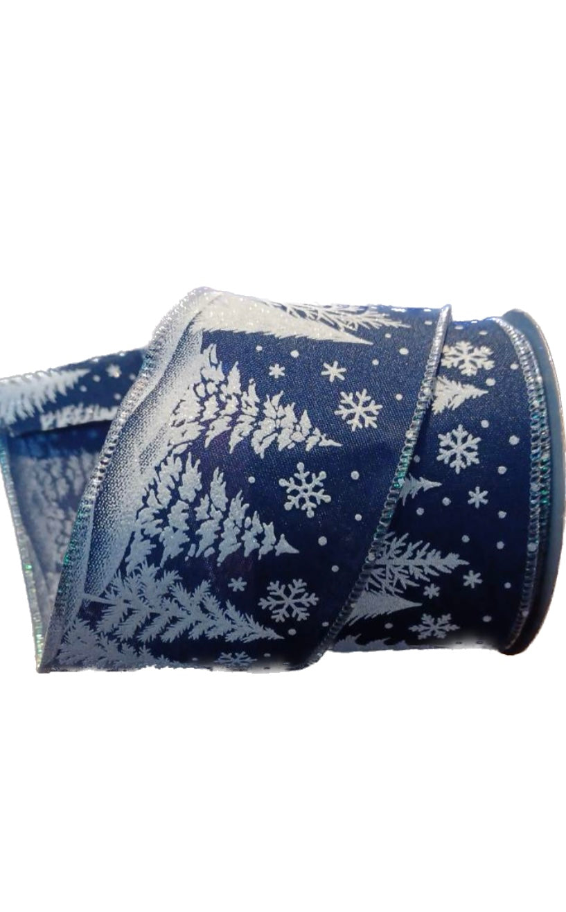 Wired White Winter Trees on Navy Ribbon-2.5”x10 Yards