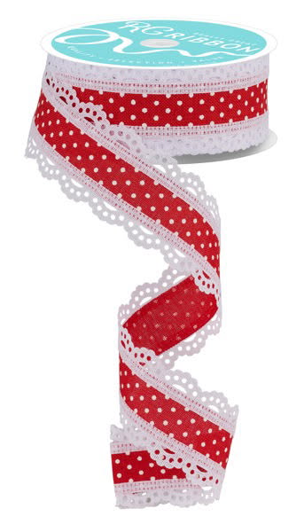 10 Yards - 1.5” Wired Red and White Swiss Dot Ribbon with Lace Edge