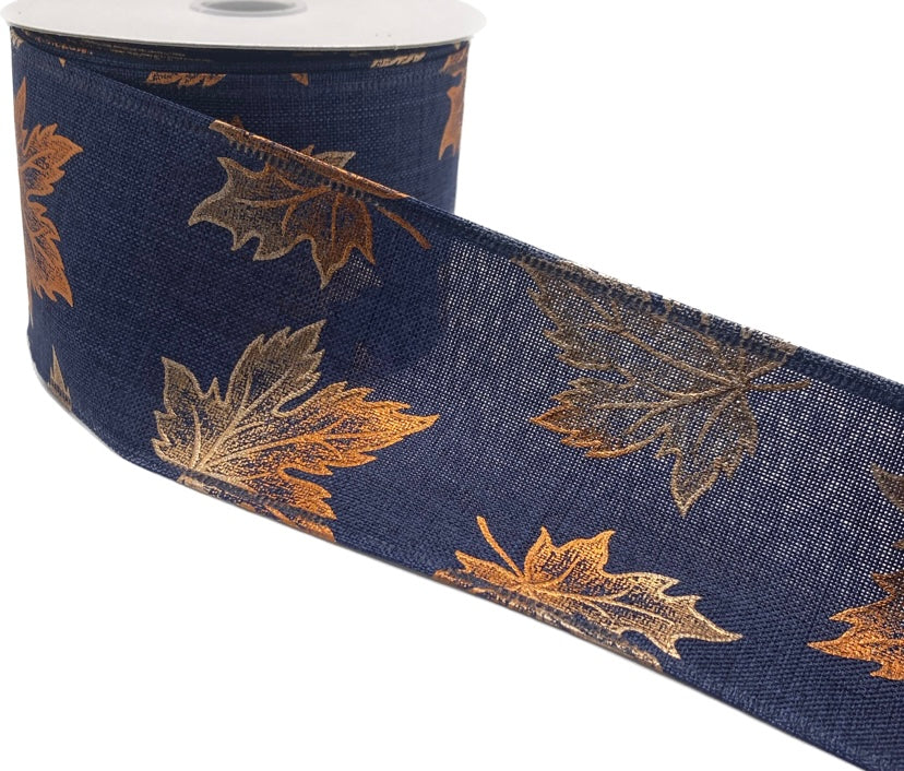 10 Yards - 2.5” Wired Navy Blue Background with Orange Foil Fall Leaves Seasonal Ribbon