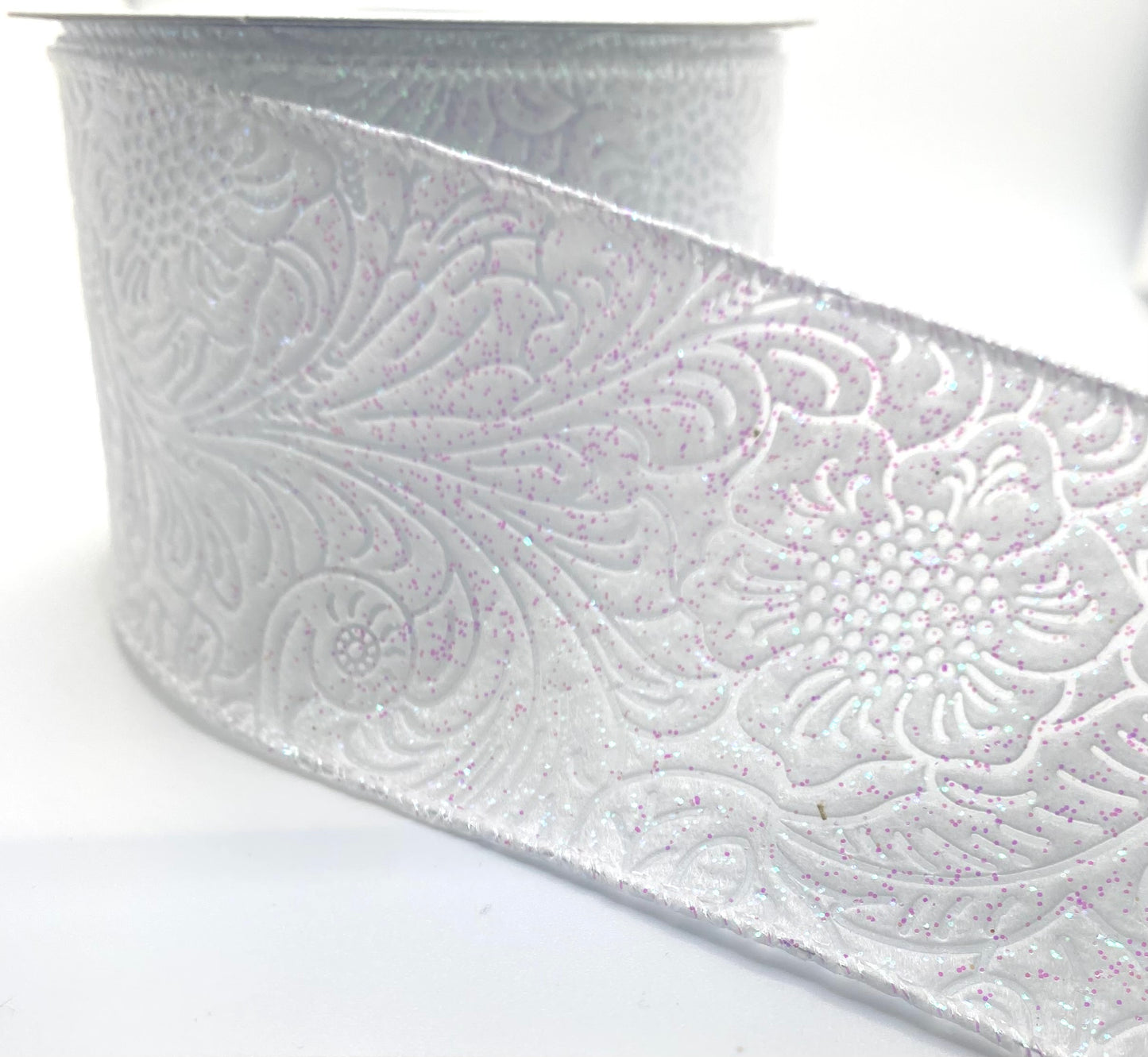10 Yards - 2.5” Wired White Irridescent Glitter Floral Embossed Ribbon