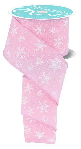 Wired Pink Background White Snowflake Ribbon-2.5”x10 Yards