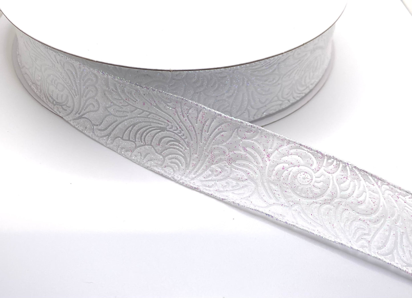 50 Yards - 1.5” Wired White with Pink Glitter Floral Design Embossed Ribbon