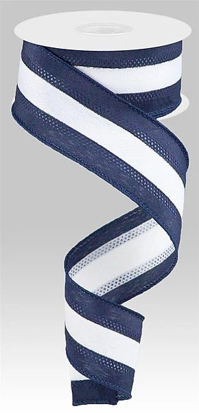 Wired Navy Blue and White Stripe Ribbon- 1.5”x10 Yards
