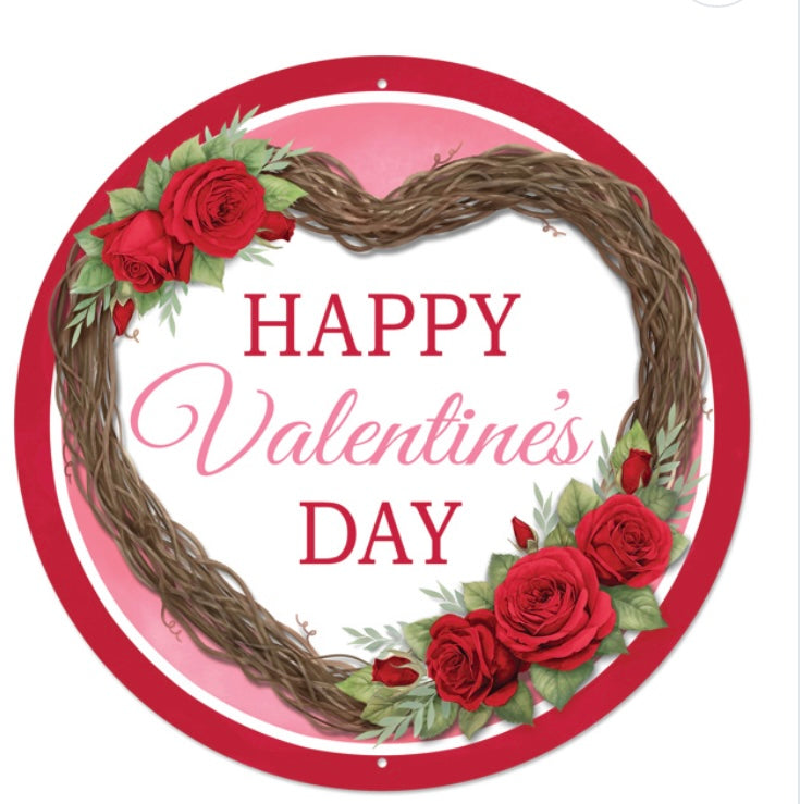 12" Round Metal Happy Valentine’s Day Wreath Sign