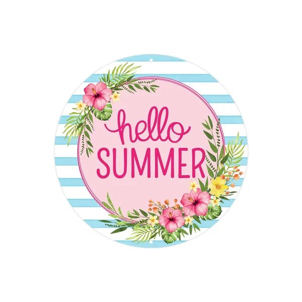 8” Round Metal Hello Summer Floral Wreath Sign